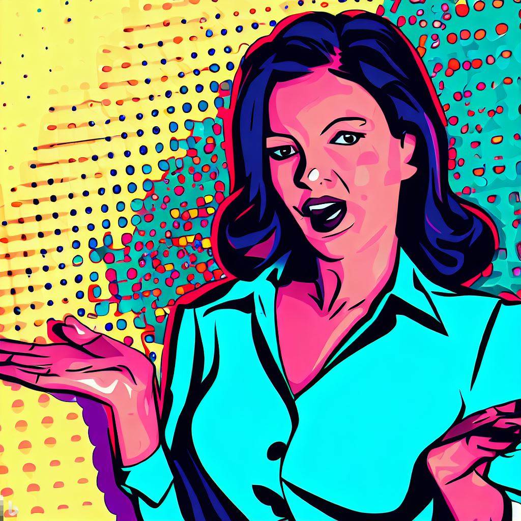 Pop art style image of woman with blue blouse holding her hands apart.