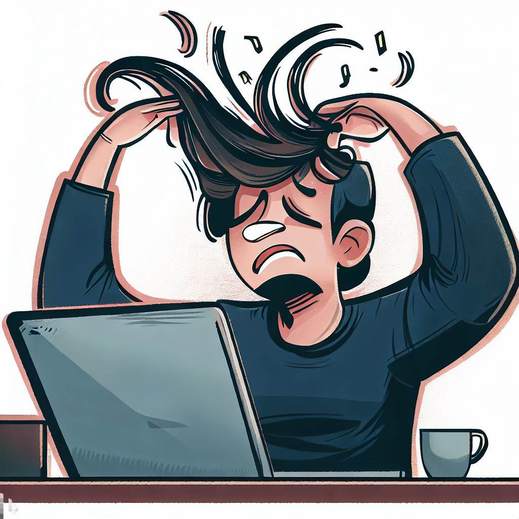 Illustration of blogger sitting at laptop pulling their hair out in frustration.